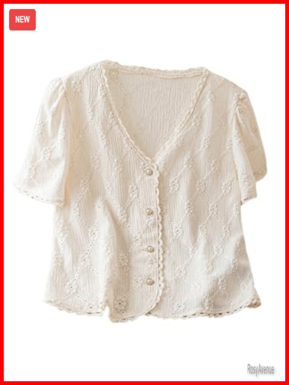Women's Floral Embroidered Button Down Blouse Frill Trim Puff Sleeve Top